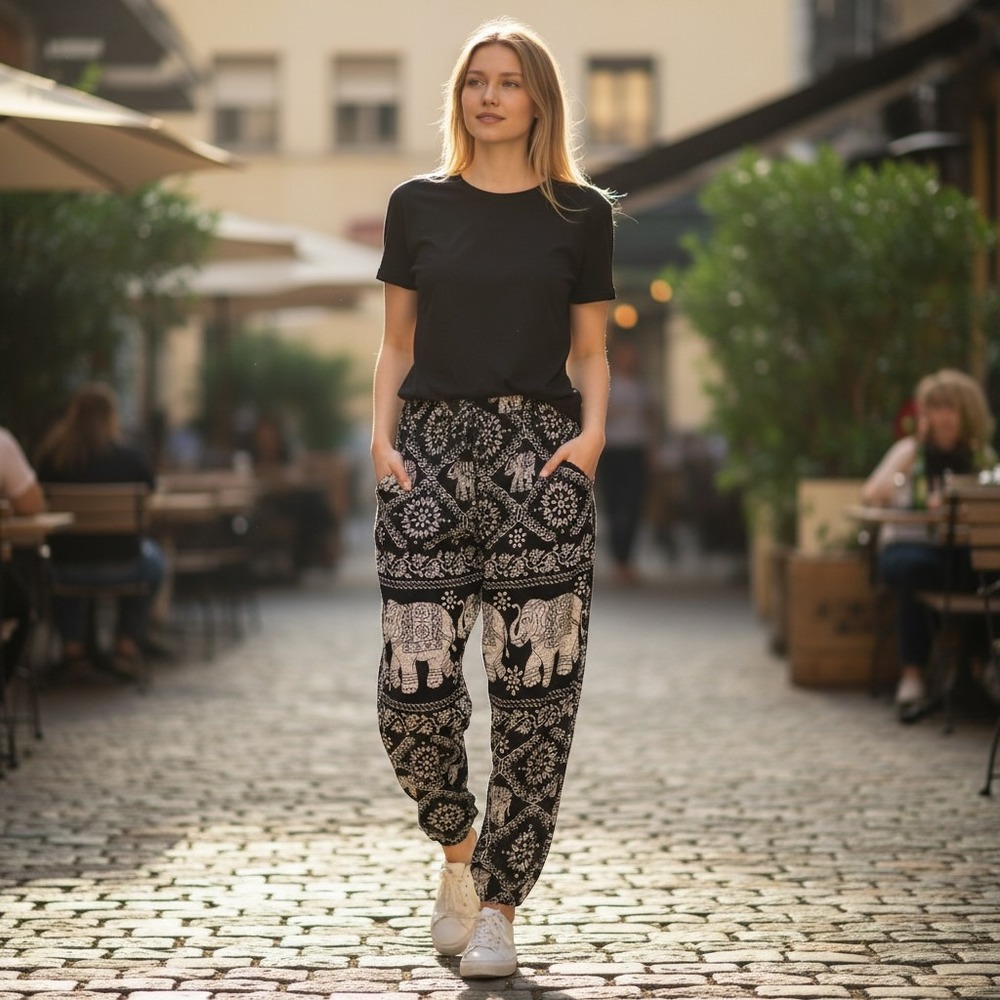 Boho Elephant Print Harem Pants Womens Black White Drawstring Lounge Bohemian